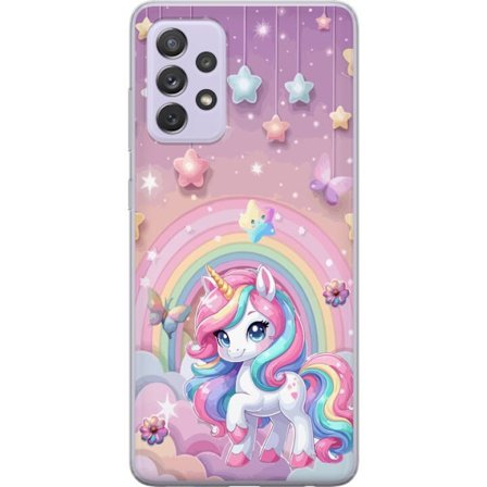 Kompatibel Mobilcover til Samsung Galaxy A52s 5G Magisk enhjørning med regnbue manke, stjerner og sommerfugle mod en pastelfarvet himmel med skyer