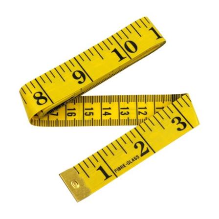 1 kaksisuuntainen mittanauha ompeluun, rinta-/vyötärönympärys, 150 cm, musta teksti keltaisella pohjalla