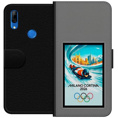 Yhteensopiva Lompakkokotelo Huawei P Smart Z Dynaaminen kelkkailija tai skeleton-ajaja jääkanavalla Milanon Cortina 2026 kanssa, kaupunkinäkymä ja oly