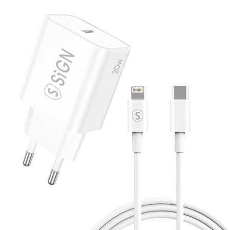 SiGN iPhone USB-C PD Snabbladdare 20W med USB-C till Lightning-kabel, 2m - Vit