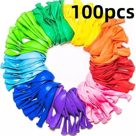 Balloner Pakke med 100, Regnbuesæt 12 tommer, Assorterede lyse farver, Lavet med stærk flerfarvet latex, Til helium eller luftbrug. 