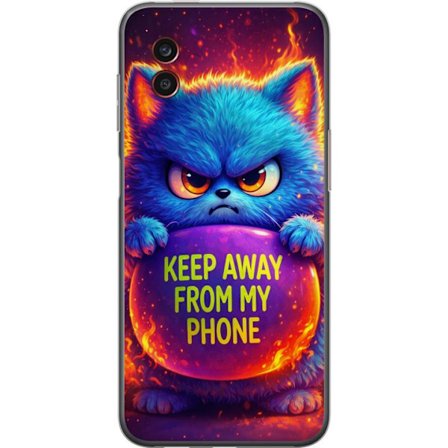 Yhteensopiva Puhelinkuori Samsung Samsung Galaxy Xcover6 Pro Vihainen pörröinen sininen kissa, jossa teksti "Pidä loitolla puhelimestani" neonväre