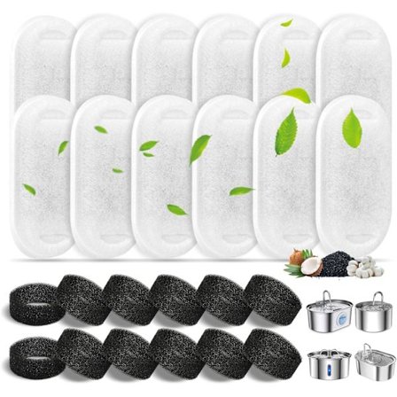Dricksfontänfilter för katter, 12 stycken husdjursfontänfilter, aktivt kolfilter och svarta skumfilter, ersättningssvampar