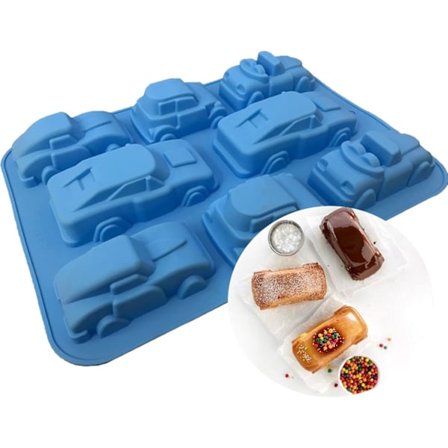 Bilkakform, 8 hulrom riflet silikonbakeform for baking av muffins, bakverk, non-stick dessertsåpeform for bursdagsfesttema