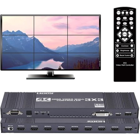 NÖRDIC Video Wall Controller 3x3, TV Wall Processor, 4K@30Hz HDMI Multi-Screen Splicing Processor with HDMI+DVI+USB C Input