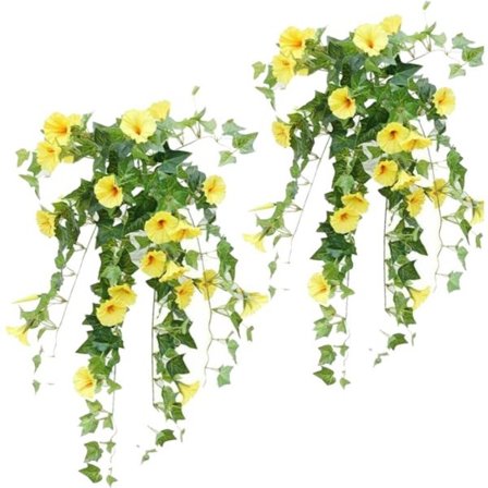 2-pakning med kunstige hengende blomster - klatrende morning glory (gul)