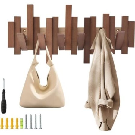Vägghängd klädhängare i naturligt trä med 6 krokar - Modern, fällbar stil - För hall, badrum, jackor, hattar, väskor
