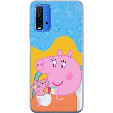 Kompatibel Mobilcover til Xiaomi Redmi Note 9 4G Peppa Gris familie motiv med mor gris, far gris og venner, farverig tegnet børnebillede