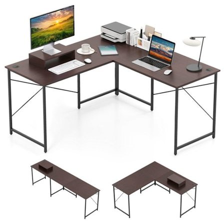 COSTWAY L-formad skrivbord med avtagbart stativ för dator/skärm, kabelhanteringshål, brun