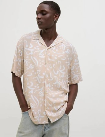 Jack & Jones Jjjeff Monochrome Resort Shirt Ss - Cream - XL