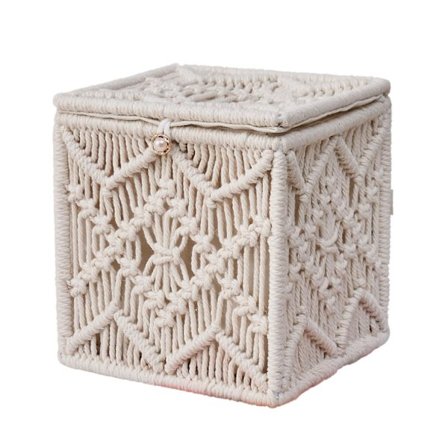 Fyrkantig servettlådehållare i papper med tofsar för badrum och sovrumsinredning (vit)