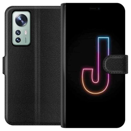 Yhteensopiva Lompakkokotelo Xiaomi Xiaomi 12 Minimaalinen neonkirjain J värien vaihtuessa valossa mustaa taustaa vasten