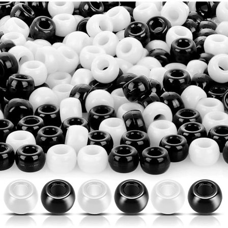 1000 Svarta och Vita Hårpärlor för Flätning - 6 x 9 mm Ogenomskinliga Plastpärlor för Barn, Tunnpärlor för Hantverksarmband och Smycken