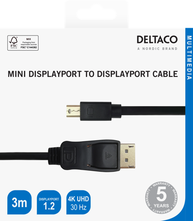 Deltaco DisplayPort to miniDisplayPort cable, 4K UHD, 3m, black