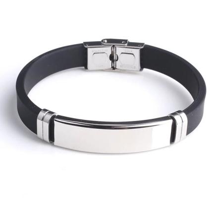 Armband I Svart - Rostfritt Stål & Silikon - Blank Silver Detalj Svart