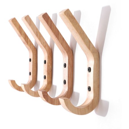4 stk. vægkroge i gummitræ, knager med to kroge, 16 x 6 x 2,5 cm