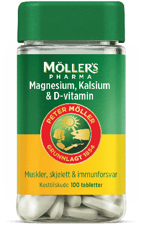 Møllers magnesium, kalsium & vitamin-D tab, boks av plast, 100 stk