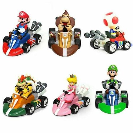 6 stk/sett Super Mario Kart Trekkbiler Mini Actionfigur Lekekake Topper Gave