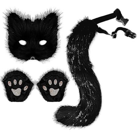 SJJYV Tekoturkis Ketunhäntä Kissa Susi Cosplay-setti Pehmoinen Naamio Karvaiset Käsinet Halloween Joulu Black