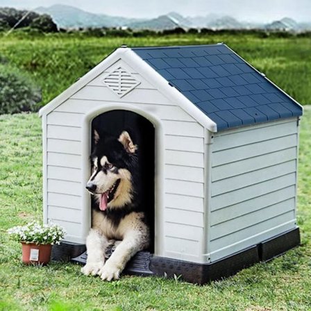 COSTWAY Outdoor Dog House 87,7x78,5x81,5CM med vattentätt blått+vitt tak, entile-ventilation, upphöjt golv