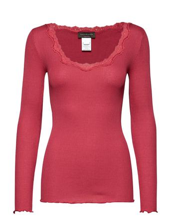 Silk T-Shirt W/ Lace T-shirts & Tops Long-sleeved Rød Rosemunde