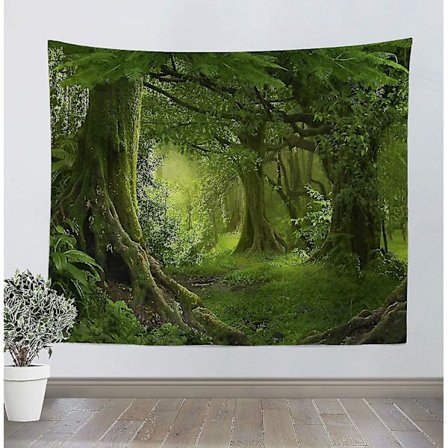 Veggteppe i psykedelisk skog, veggteppe i fløyel, veggdekor, stue, soverom, sovesal, bohemsk natur, landskap med kort plysj, myk F