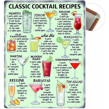 Stor Vintage Tinskilte 20x30cm Væg Metal Plakat Dekorativ Plade til Cafe Bar Restaurant Pub Øl Serie (Cocktail Menu)