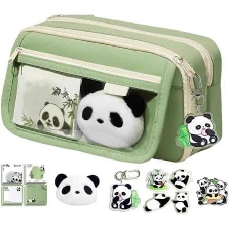 Pencil Case - Panda - Grøn - Med lynlås - Unisex - Til børn
