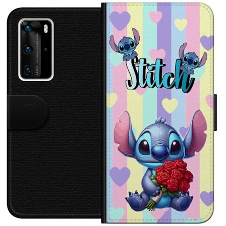 Kompatibel Tegnebogsetui til Huawei P40 Pro Romantisk illustration af Stitch der holder røde roser mod stribet baggrund