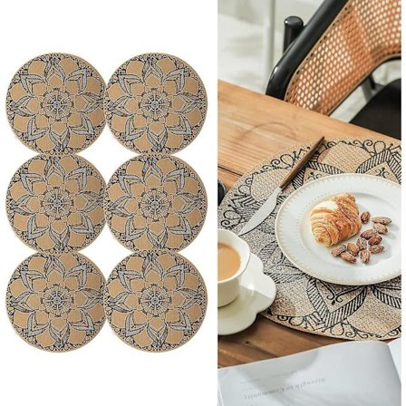 Set med 6 Boho PVC runda bordstabletter för matbord Mandala bordsunderlägg Tvättbara värmebeständiga bordstabletter Jute Retro bordsdekoration(a)