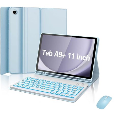 Fodral för Samsung Tab A9 Plus 11 tum Färgglatt Bakgrundsbelyst Bluetooth Tangentbord Pennhållare Läderfodral + Mus