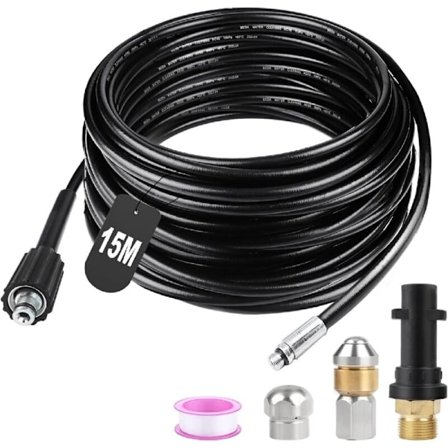 15M Høytrykksavløpsrenser Slange 180bar Fleksibel Avløpsrenser Slange Høytrykksrenser Slange med Jetdyse og Roterende Dyse, Adaptere for K
