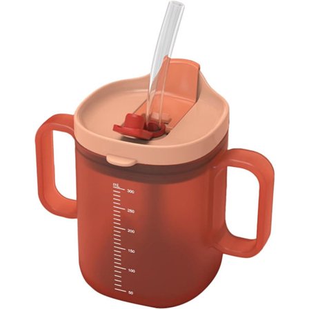 ING Drikkekop til ældre, drikkekop til ældre, 300 ml vandflaske med håndtag, lækagesikker kop, vandflaske med låg og sugerør, plejekop