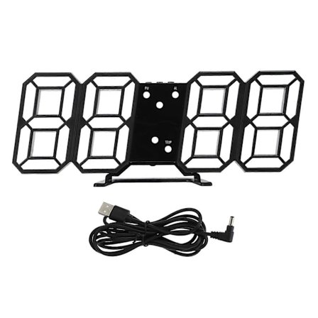 3D Elektronisk Ur LED Stor Skærm Intelligent Stemmestyring Tre Visningstilstande Stereo Digitalt Lysende Væg Vækkeur Sort Skal Hvid Tekst