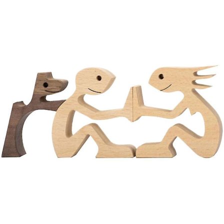 Træ Hund Kat Familie Statue Hvalpe Familie Træ Hunde Figurer Hjem Indendørs Træhåndværk Kunst Dekoration