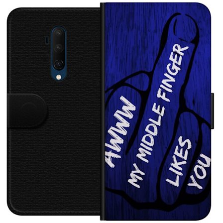 Kompatibelt Lommeboketui til OnePlus 7T Pro Mørk typografisk illustrasjon med hjerteform og budskap om vennskap mot dyp blå tretekstur