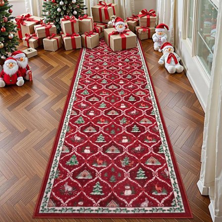 Høykvalitets imitert kasjmir sklisikker julematte for gang, kjøkkenmatte, vaskbar matte, rød baderomsmatte - 80 x 160 cm