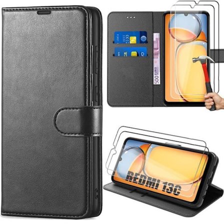 Fodral för Xiaomi Redmi 13C - Svart - Flip Case - PU-läder - Stötsäker - 2 Härdat glas