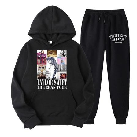 Taylor Swift The Eras Tour Sportstræningsdragt med hætte Todelt outfits Langærmede trøjer Hættetrøjer Sweatshirt Toppe + Jogger Black 3XL