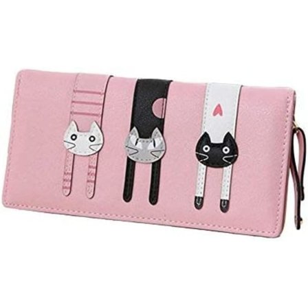 Lang læderpung til kvinder med lynlås Sød tegneseriekat rosa pink