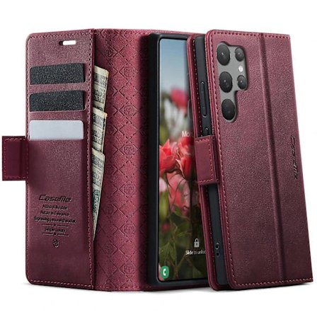 Godt tilbud til lav pris! Kompatibel med Samsung Galaxy S23 Ultra Etui Pung Stativ Kalvetekstur Læder Telefoncover Rød-Glad