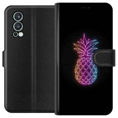 Kompatibelt Lommeboketui til OnePlus OnePlus Nord 2 5G Neonlysillustrasjon av ananas i fargerikt lys mot svart bakgrunn