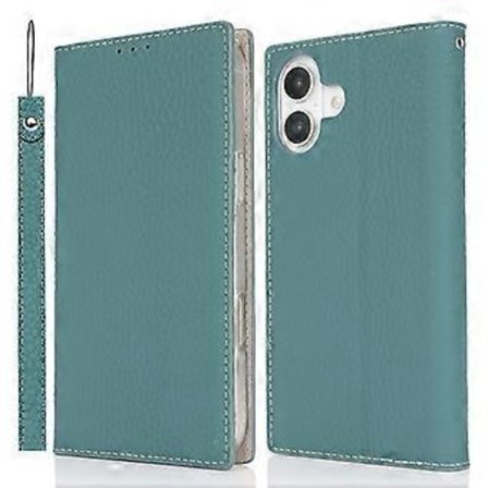 Til iPhone 16 Wallet Case Ægte Koskind Læder Telefon Cover Litchi Tekstur (Style D)
