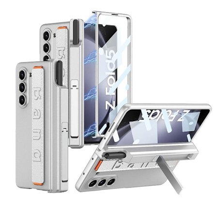 Z Fold 5 Cover, Slankt PC Cover til Samsung Galaxy Z Fold 5 med Magnetisk Hængselbeskyttelse, Skærmbeskyttelse & Armbånd (Med pen) Sølv