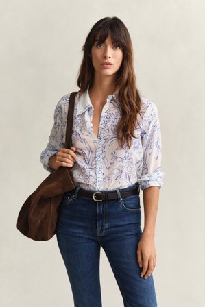 GANT Damen Baumwoll Seiden Bluse mit Blumenprint (42) Weiß