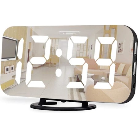 Digital vekkerklokke LED-speil Elektroniske klokker med 2 USB-ladinger