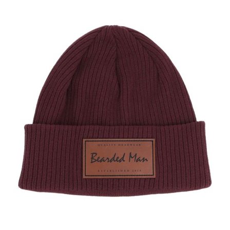 Bearded Man - Röd Beanie - Casual Logo Patch Burgundy Cuff @ Hatstore