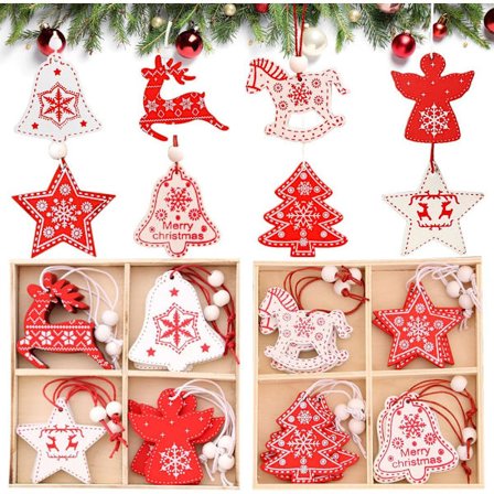 Juletræspynt i træ, 24 stykker, juledekorationer, juletræsdekorationer, hængende træpynt, juletræsdekorationer