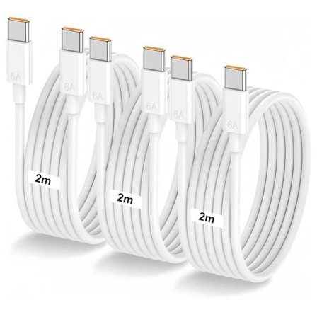 3x USB-C til USB-C 6A Hurtig 65W kabel til iPhone 16 Pro, iPhone 16e, iPhone 15 Pro Max - Hvid 2 Meter