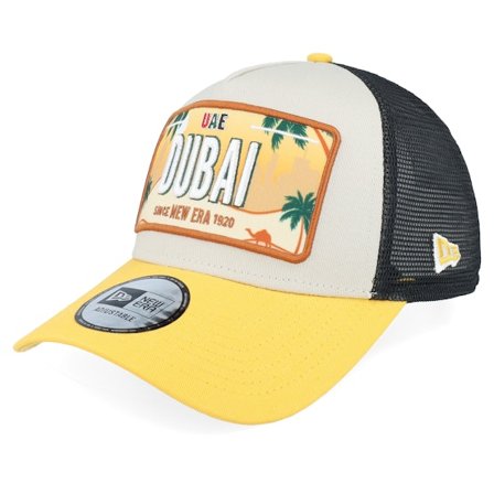 New Era - Beige trucker Cap - Dubai License Plate Stone/Black/Yellow A-Frame Trucker @ Hatstore
